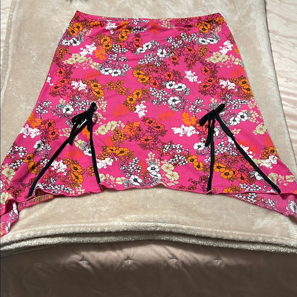 Trixxi Pink Floral Asymmetrical Skirt with Black Ties